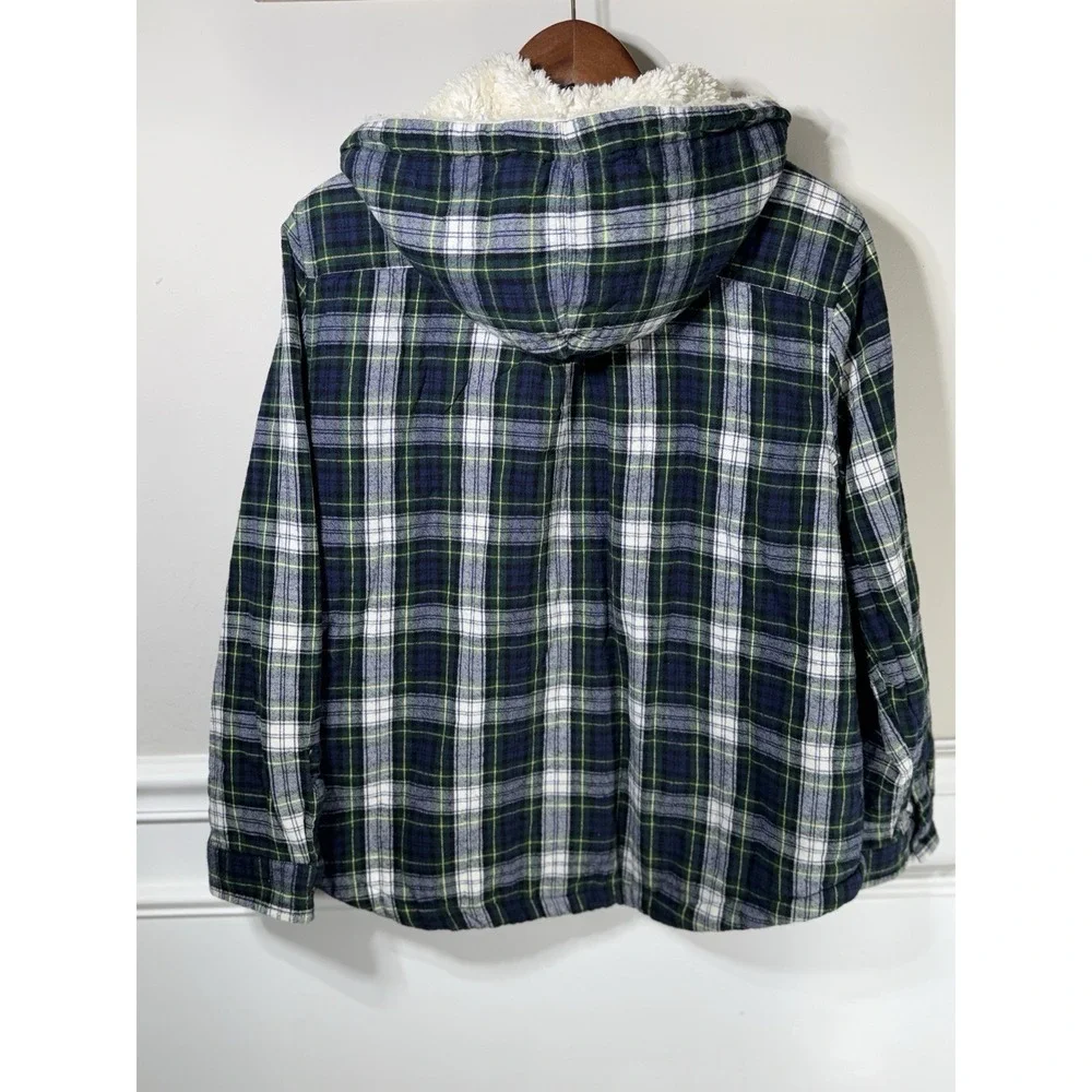 L.L. Bean Scotch Plaid Flannel Hoodie Womens Large Sherpa Fleece Lined Zip Shirt - Picture 2 of 11